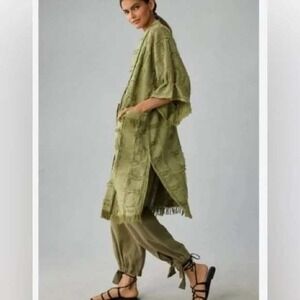 NEW Anthropologie Pilcro Green Metallic Textured Kimono Fringe OS Boho Artsy